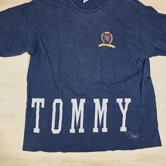 Vintage 90s Tommy Hilfiger Spell Out Double Sided Shirt‎ Navy Size XL DISTRESSED - Picture 4 of 10